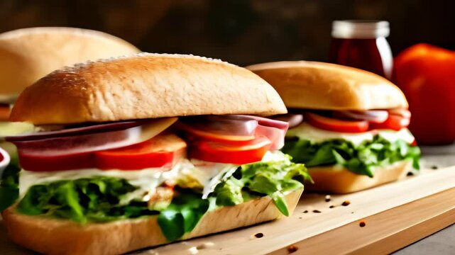  Deliciously stacked sub sandwich with fresh ingredients ready to be savored