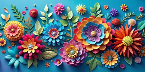 Vibrant 3D paper cut flowers in various colors and shapes pop against a calming blue background, creating a playful and whimsical visual delight.