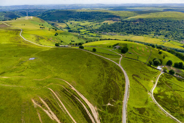 Aerial view of lush green valleys and small towns (South Wales, UK)