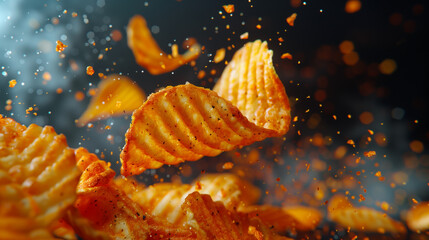 Crisp Flight. ridged potato chips mid-air with crumbs and seasoning particles scattered around, showcasing the texture and motion.