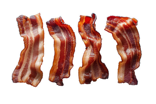 Four slices of crispy bacon on a white background. Ideal for food-related themes, breakfast menus, and gourmet cooking.