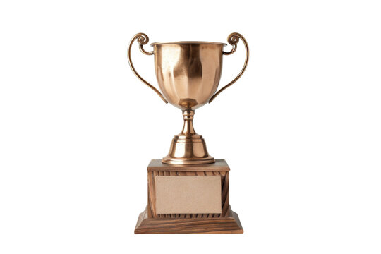Golden trophy cup with handles on a wooden base, perfect for representing achievement, victory, or excellence in various competitions.