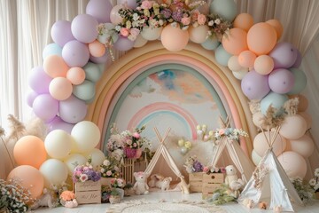 A baby shower with a white tent and pink and white balloons