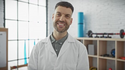 Smiling man in lab coat at physiotherapy rehab clinic with exercise equipment in background.