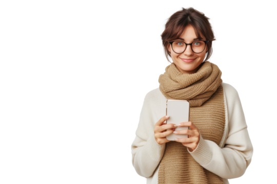 Smiling woman with glasses holding a smartphone, wearing a cozy scarf and sweater, isolated on a white background.