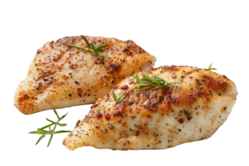 Two seasoned and grilled chicken breasts with herbs on a white background. Perfect for recipes, culinary blogs, and restaurant menus.