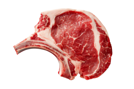 Top view of raw ribeye steak on white background. Perfect for culinary, food, and restaurant-themed projects.