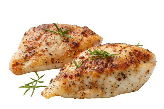 Two seasoned and grilled chicken breasts with herbs on a white background. Perfect for recipes, culinary blogs, and restaurant menus.