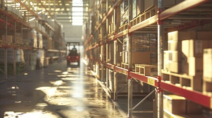 Fototapeta premium Warehouse with Forklift in Aisle at Sunset - Generative AI