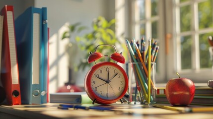 Desktop with Red Alarm Clock and Office Supplies - Generative AI