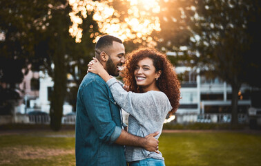 Love, hug and couple in park, portrait and romance with relationship, kindness and bonding...