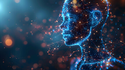 A head of a person made of ai, lines and dots connecting structural geometric shapes