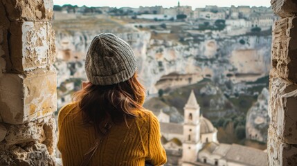 beautiful woman on her back inside a cave with a view of an ancient style city