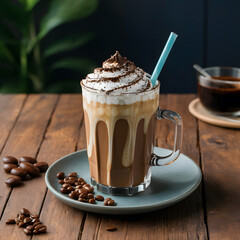 Indulge in a Spectacular Chocolate Mocha Latte: Sweet Iced Coffee Delight with Whipped Cream and Beans