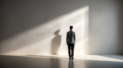 Obraz premium male figure standing in front of wall. Minimalistic background with man and shadow on wall