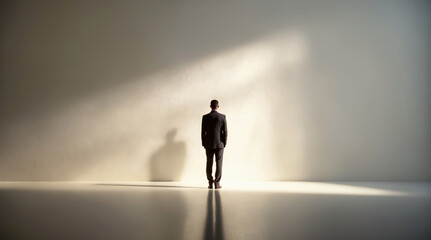 Fototapeta premium little male figure in suit standing in front of wall. Minimalistic background with man and shadow on wall
