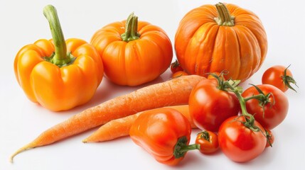 Assortment of Fresh and Healthy Orange Vegetables Including Carrots, Bell Peppers, Tomatoes, and Pumpkins Isolated on a Clean White Background – Ideal for Nutrition, Health, and Cooking Themes