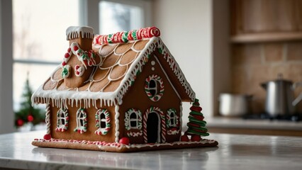 A charming gingerbread house adorned with festive icing and candies, perfect for holiday decor and Christmas celebrations, set in a cozy kitchen setting.