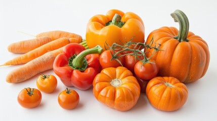 Fototapeta premium Assortment of Fresh and Healthy Orange Vegetables Including Carrots, Bell Peppers, Tomatoes, and Pumpkins Isolated on a Clean White Background – Ideal for Nutrition, Health, and Cooking Themes