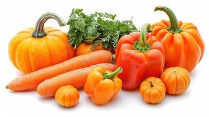 Obraz premium Assortment of Fresh and Healthy Orange Vegetables Including Carrots, Bell Peppers, Tomatoes, and Pumpkins Isolated on a Clean White Background – Ideal for Nutrition, Health, and Cooking Themes
