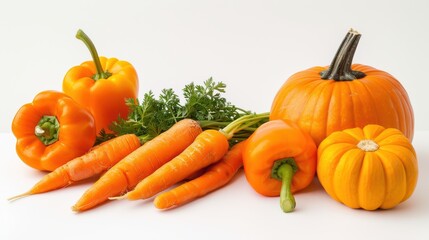 Obraz premium Assortment of Fresh and Healthy Orange Vegetables Including Carrots, Bell Peppers, Tomatoes, and Pumpkins Isolated on a Clean White Background – Ideal for Nutrition, Health, and Cooking Themes