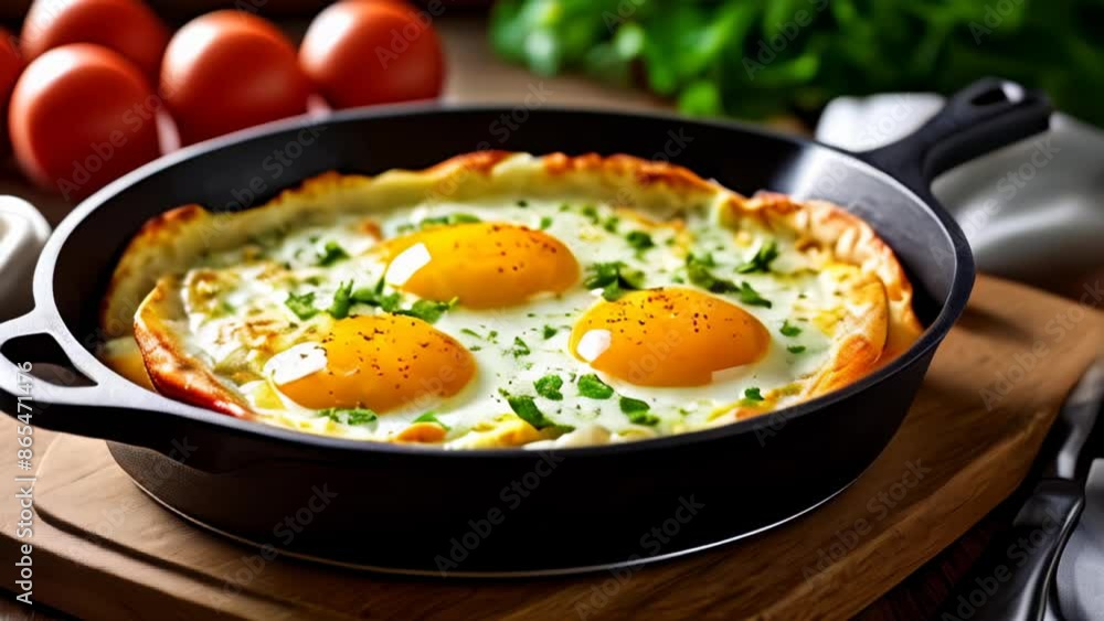 Sticker  Delicious breakfast skillet with sunnysideup eggs and herbs