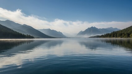 A serene lake reflecting mountainous landscapes under a bright blue sky with soft clouds, creating a peaceful and tranquil nature setting perfect for relaxation.