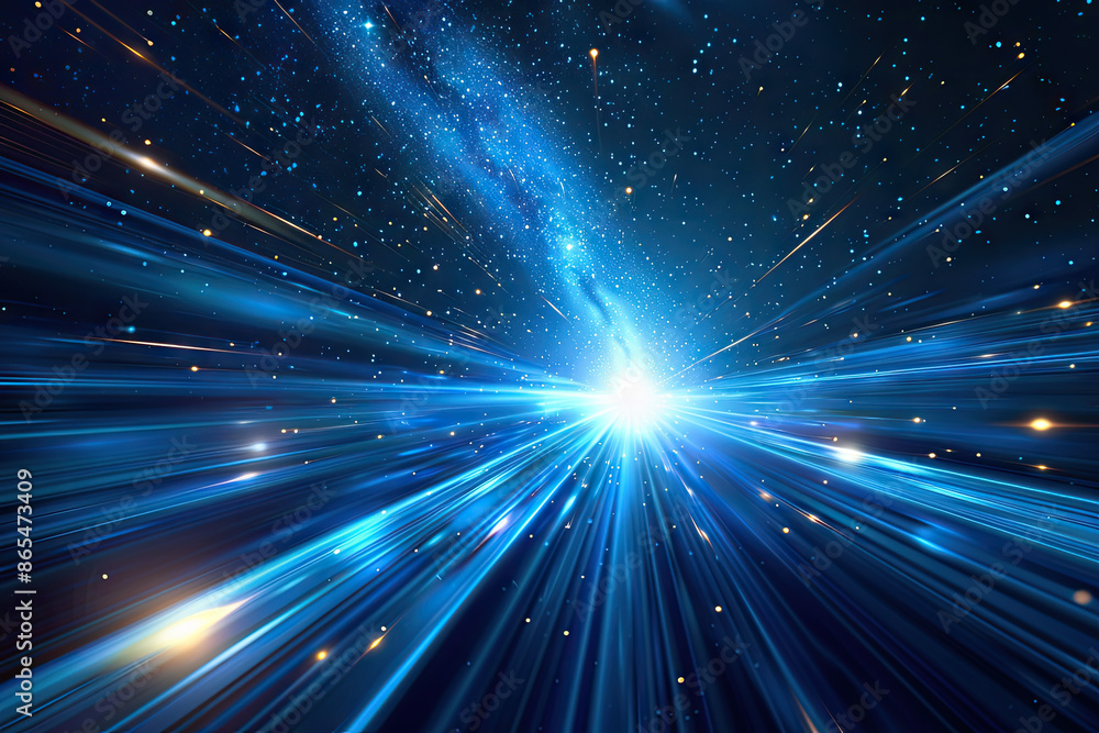 Poster a blue and white abstract image of a space with a blue background with stars and lines