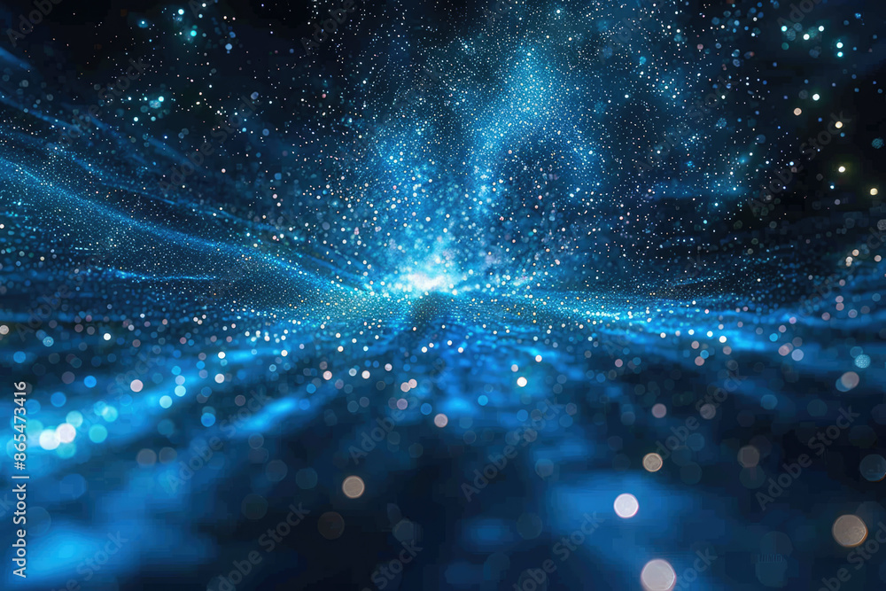 Poster a blue and white abstract image of a space with a blue background with stars and lines