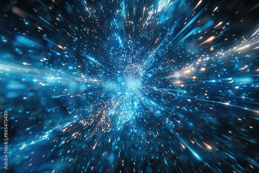 Poster a blue and white abstract image of a space with a blue background with stars and lines