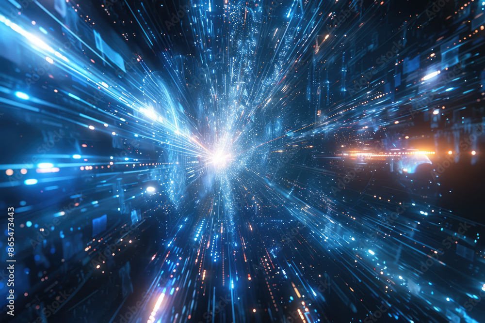 Poster a blue and white abstract image of a space with a blue background with stars and lines