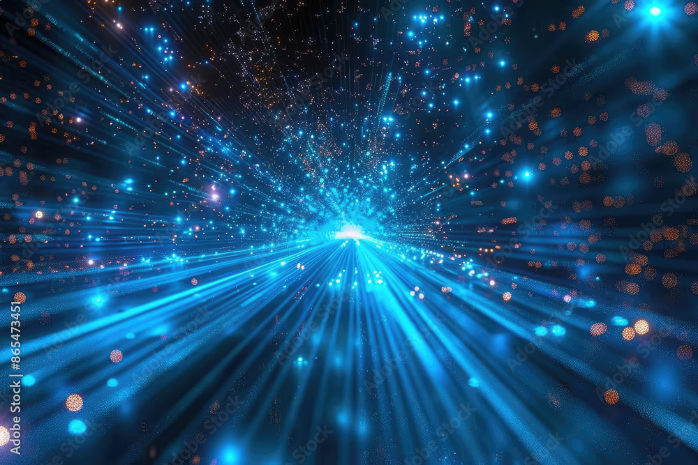 Poster a blue and white abstract image of a space with a blue background with stars and lines