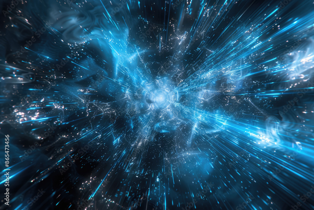 Poster a blue and white abstract image of a space with a blue background with stars and lines