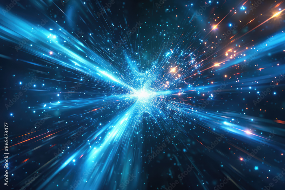 Poster a blue and white abstract image of a space with a blue background with stars and lines