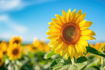 Obraz premium a sunflower with a blue sky and a few clouds in the background