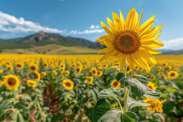 Obraz premium a sunflower with a blue sky and a few clouds in the background