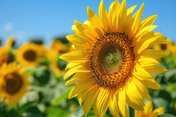 Fototapeta premium a sunflower with a blue sky and a few clouds in the background