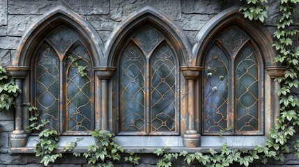 Obraz premium arched stone window medieval frame. front view.