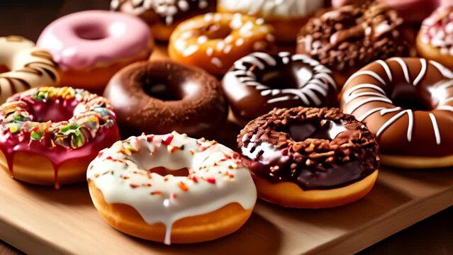  A delightful assortment of freshly glazed and frosted donuts