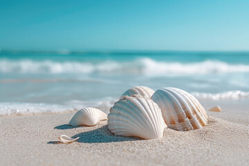 Obraz premium shells on the beach with a blue sky in the background.