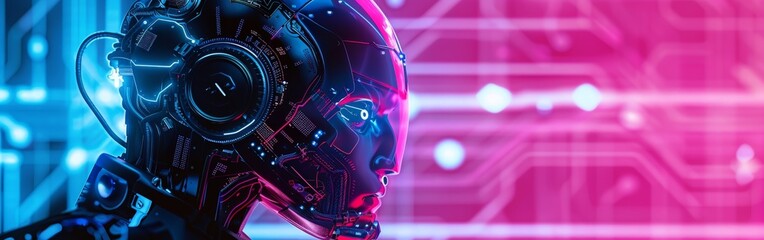 Obraz premium Advanced AI Robot Profile in Neon Blue
