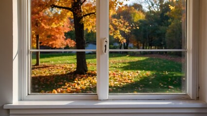 A scenic view of an autumn tree and fallen leaves from a cozy window, capturing the colorful and serene essence of the fall season.