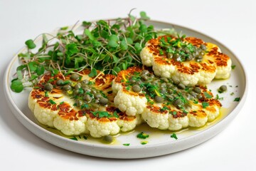 Tantalizing Cauliflower Steaks with Artisan Caper Butter and Microgreens