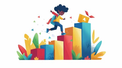 Colorful illustration of a child climbing a multi-colored bar chart, symbolizing growth, progress, and achievement with vibrant plants around.