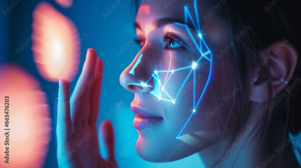 Aufkleber a womans face is illuminated with a neon blue geometric pattern. her hand reaches out towards the vi