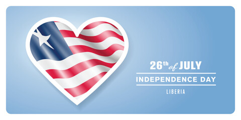 Liberia happy independence day greeting card, banner vector illustration. Liberian national holiday 26th of July design element with 3D flag
