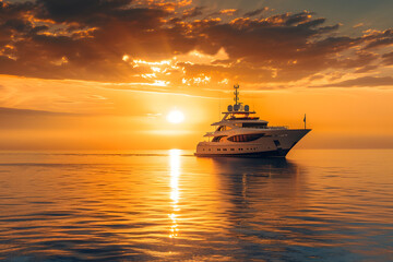 Obraz premium A high-resolution photo of a luxury yacht sailing on a calm sea at sunset, capturing the golden hues and serene water, with the coastline in the background