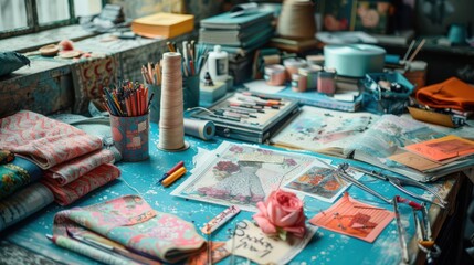 A creative flat lay of a designers workspace, showcasing pastelcolored fashion sketches, sewing tools, and design materials, highlighting the design process