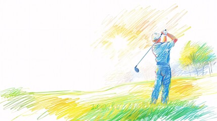 Golfer Swinging, Crayon Illustration