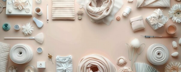 A pastelthemed flat lay of fashion design elements, including softtoned sketches, fabric samples, and design tools, creating a serene and creative workspace